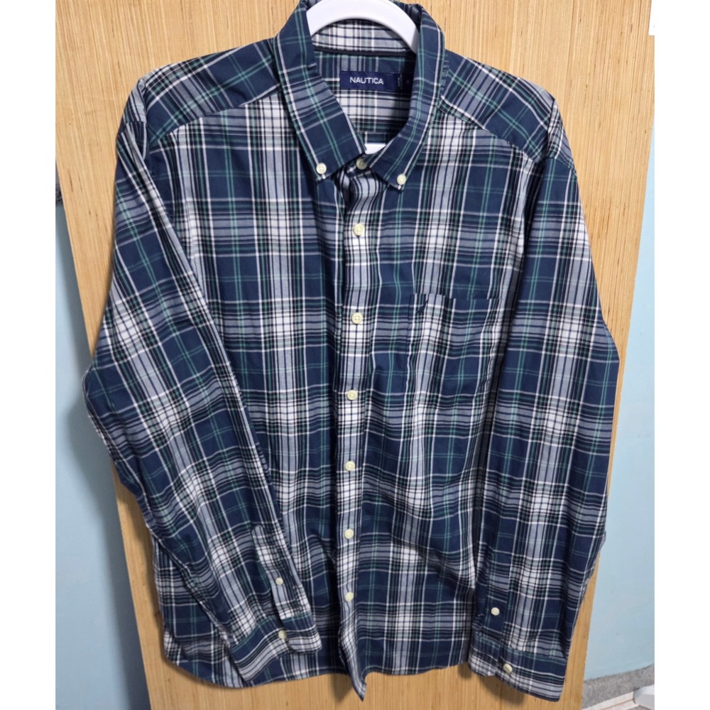 Nautica Mens XL Long Sleeve Plaid Button Down Shirt Navy Blue Green White